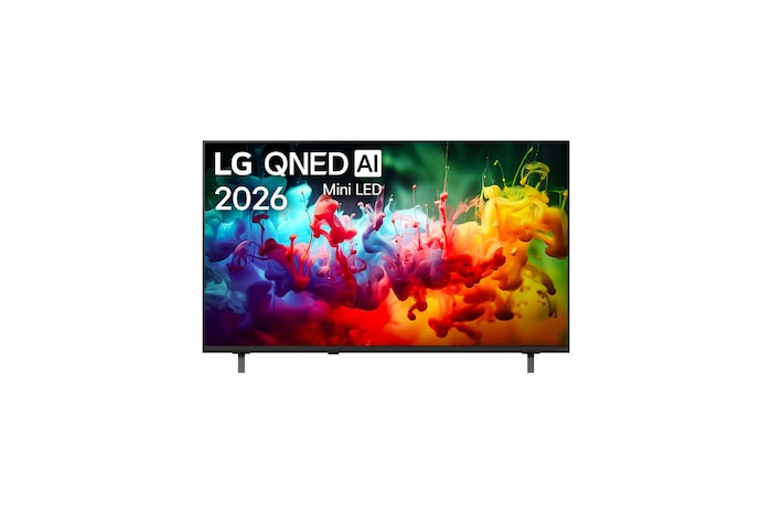 The front view of LG QNED AI QNED70 Mini LED, released in 2026, fills the screen with vivid, fluid splashes of multicolored motion, as finely layered colors disperse smoothly across the display.