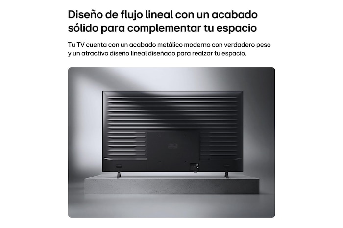 LG QNED AI QNED70 Mini LED is shown from the back, revealing a metallic rear panel with evenly spaced horizontal ridges that create a clean, structured look and emphasize the Linear Flow Design across the entire surface.
