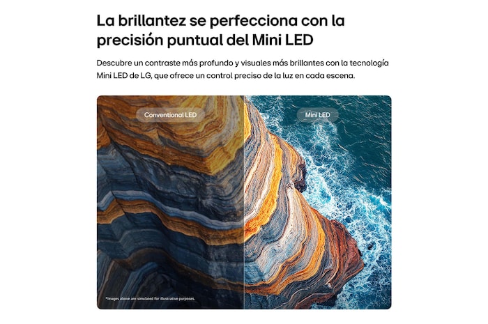 LG QNED AI QNED70 Mini LED highlights how its Mini LED reveals sharper rock textures and clearer ocean detail than conventional LED in a split coastal cliff scene, delivering deeper blacks and more refined contrast for greater clarity and depth.