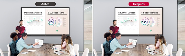 Se muestran dos imágenes, una al lado de la otra, para una comparación del antes y el después. Una imagen muestra varios cables conectados a diferentes dispositivos utilizados para compartir la pantalla durante la reunión. La otra imagen muestra una mesa ordenada con pantalla compartida facilitada de forma inalámbrica a través del cable.