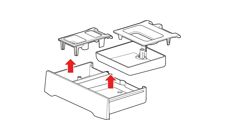 Retira las piezas de los 2 compartimentos. Enjuaga las piezas y el cajón con agua tibia para eliminar los restos de productos de lavandería acumulados.