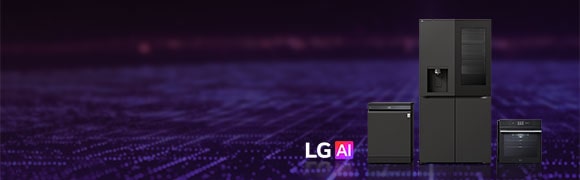 Vista frontal de tres electrodomésticos de color negro de LG AI para la cocina: un lavaplatos, un refrigerador con dispensador de agua y un horno wall-mounted, sobre un fondo digital con temática de IA, con el logotipo “LG AI” a la izquierda.