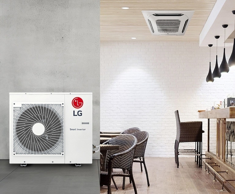 Una unidad exterior LG Smart Inverter está a la izquierda, mientras que una unidad interior LG Floor Standing está instalada en el comedor a la derecha.