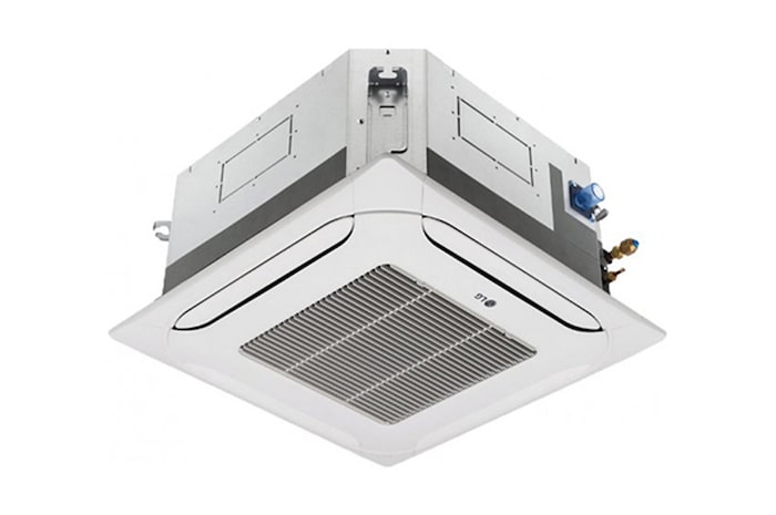 El LG Ceiling Cassette ARNU05GTRB4 consta de una parte superior gris y una parte inferior blanca. En la parte inferior, hay ventiladores en cada una de las cuatro direcciones, para que el aire pueda fluir.