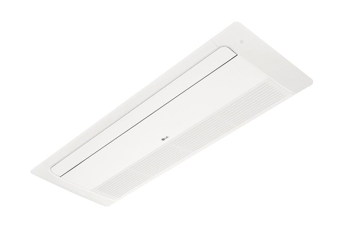 El LG Ceiling Cassette ARNU09GTUB4 es rectangular y plano. Hay una bandeja móvil en la parte delantera y un orificio largo en la parte posterior para que el aire pueda entrar y salir.