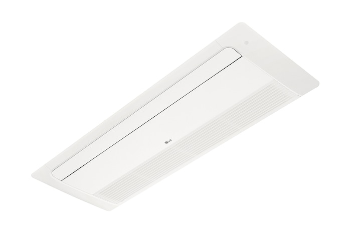 El LG Ceiling Cassette ARNU09GTUB4 es rectangular y plano. Hay una bandeja móvil en la parte delantera y un orificio largo en la parte posterior para que el aire pueda entrar y salir.
