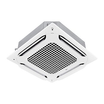 El LG Ceiling Cassette ARNU15GTAA4 consta de una parte superior gris y una parte inferior blanca. En la parte inferior, hay ventiladores en cada una de las cuatro direcciones, para que el aire pueda fluir.