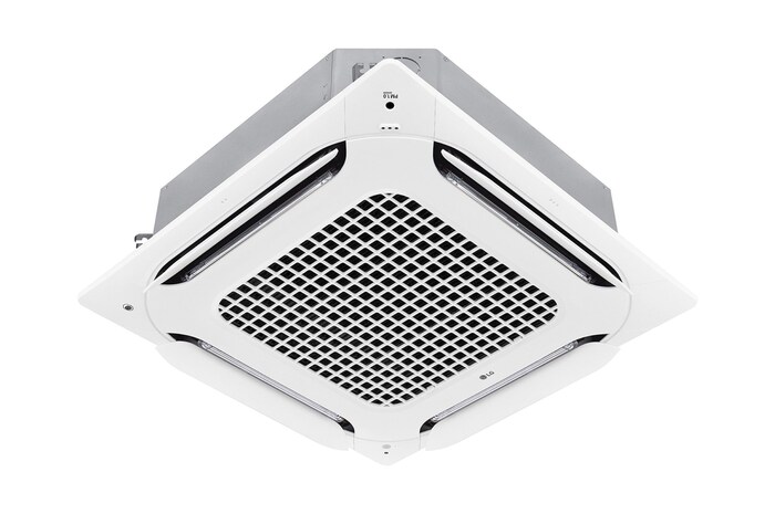 El LG Ceiling Cassette ARNU18GTAA4 consta de una parte superior gris y una parte inferior blanca. En la parte inferior, hay ventiladores en cada una de las cuatro direcciones, para que el aire pueda fluir.