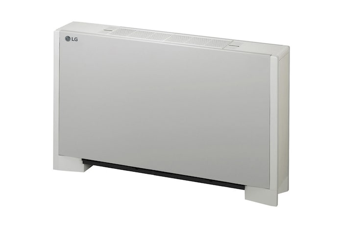 El LG Ceiling Suspended ARNU24GCFA4 tiene forma de cuadrado plano y patas para apoyarse en el suelo. En la parte superior se instala una salida de aire.