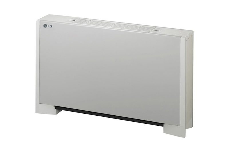 El LG Ceiling Suspended ARNU24GCFU4 tiene forma de cuadrado plano y patas para apoyarse en el suelo. En la parte superior se instala una salida de aire.