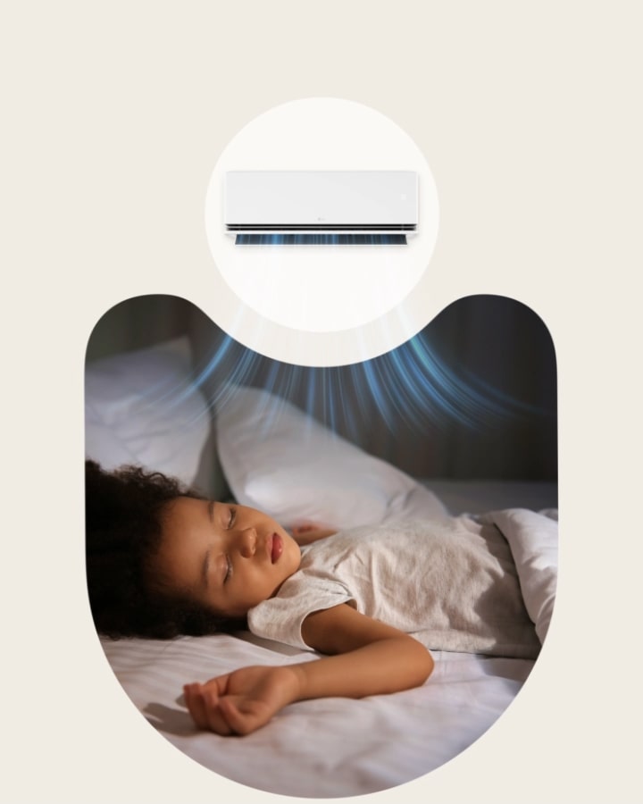 Personas durmiendo con el aire acondicionado LG y su función Sleep Timer+ para un enfriamiento nocturno.