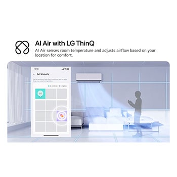 Illustration of LG AI Air technology in a living room with a wall-mounted air conditioner. The system adjusts airflow by sensing room temperature and user location. The accompanying text reads: 'AI Air with LG ThinQ: AI Air senses room temperature and adjusts airflow based on your location for comfort.'