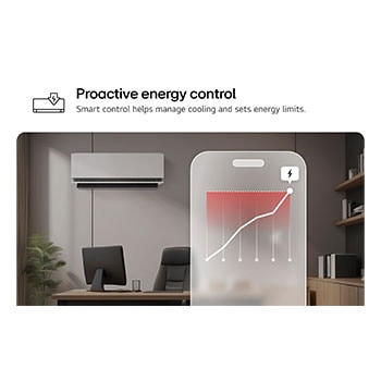 LG air conditioner with Proactive Energy Control feature. A smartphone shows an energy graph with a red alert, managing cooling and limits. Text: 'Proactive energy control. Smart control helps manage cooling and sets energy limits.'
