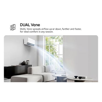 LG Dual Vane air conditioner shown in a living room. Cool air flows upward on the left. The accompanying text reads: 'DUAL Vane spreads airflow up or down, further and faster, for ideal comfort in any season.'