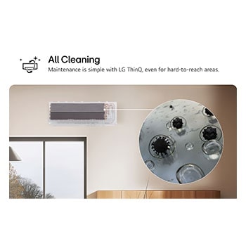 Image showcasing LG air conditioner's All Cleaning feature. The visual highlights the internal cleaning process, with a close-up showing dirt and germs being removed. The text reads: 'All Cleaning. Maintenance is simple with LG ThinQ, even for hard-to-reach areas.'