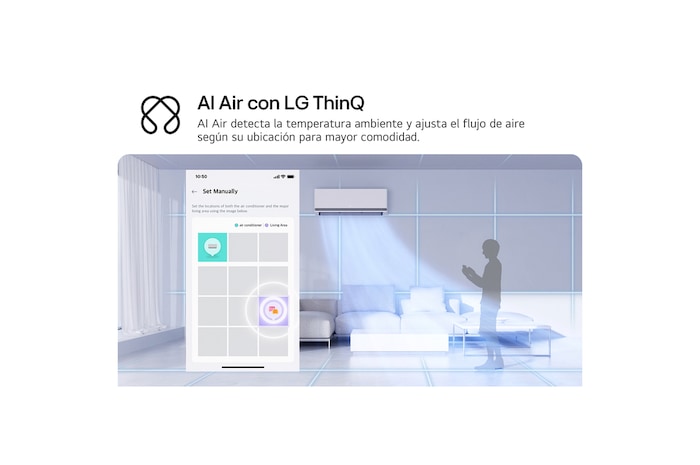 Illustration of LG AI Air technology in a living room with a wall-mounted air conditioner. The system adjusts airflow by sensing room temperature and user location. The accompanying text reads: 'AI Air with LG ThinQ: AI Air senses room temperature and adjusts airflow based on your location for comfort.'