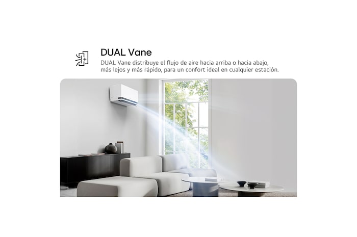LG Dual Vane air conditioner shown in a living room. Cool air flows upward on the left. The accompanying text reads: 'DUAL Vane spreads airflow up or down, further and faster, for ideal comfort in any season.'