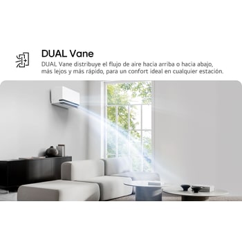 LG Dual Vane air conditioner shown in a living room. Cool air flows upward on the left. The accompanying text reads: 'DUAL Vane spreads airflow up or down, further and faster, for ideal comfort in any season.'