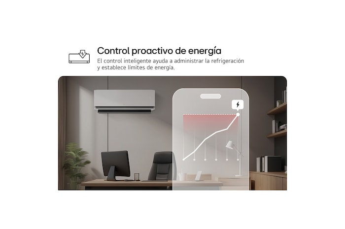 LG air conditioner with Proactive Energy Control feature. A smartphone shows an energy graph with a red alert, managing cooling and limits. Text: 'Proactive energy control. Smart control helps manage cooling and sets energy limits.'