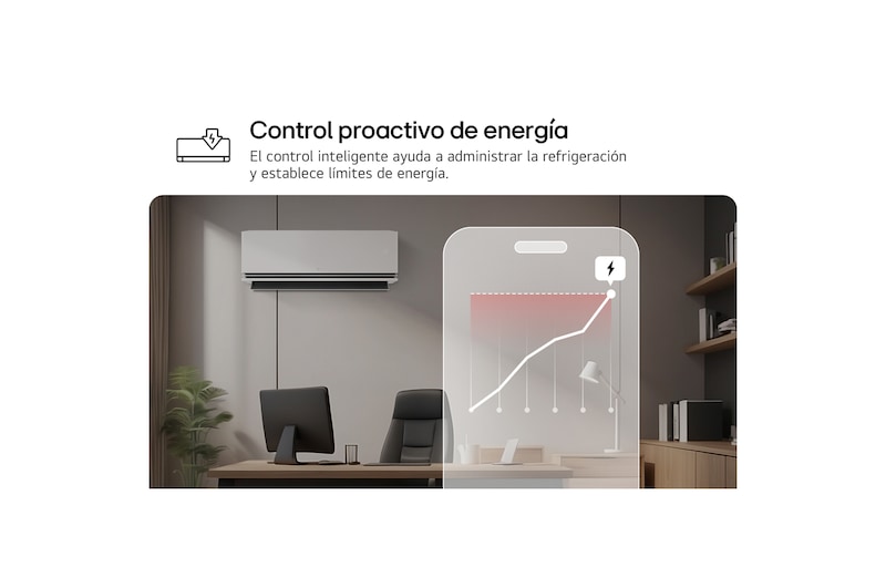 LG air conditioner with Proactive Energy Control feature. A smartphone shows an energy graph with a red alert, managing cooling and limits. Text: 'Proactive energy control. Smart control helps manage cooling and sets energy limits.'