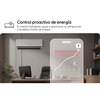 LG air conditioner with Proactive Energy Control feature. A smartphone shows an energy graph with a red alert, managing cooling and limits. Text: 'Proactive energy control. Smart control helps manage cooling and sets energy limits.'