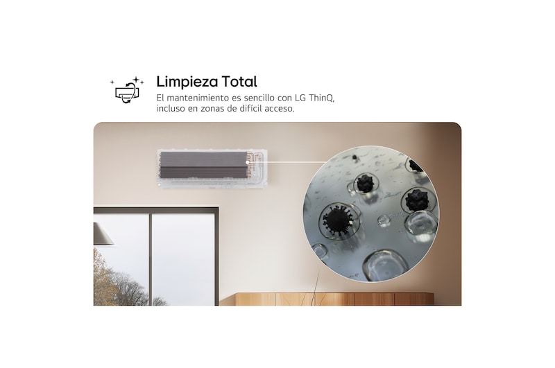 Image showcasing LG air conditioner's All Cleaning feature. The visual highlights the internal cleaning process, with a close-up showing dirt and germs being removed. The text reads: 'All Cleaning. Maintenance is simple with LG ThinQ, even for hard-to-reach areas.'