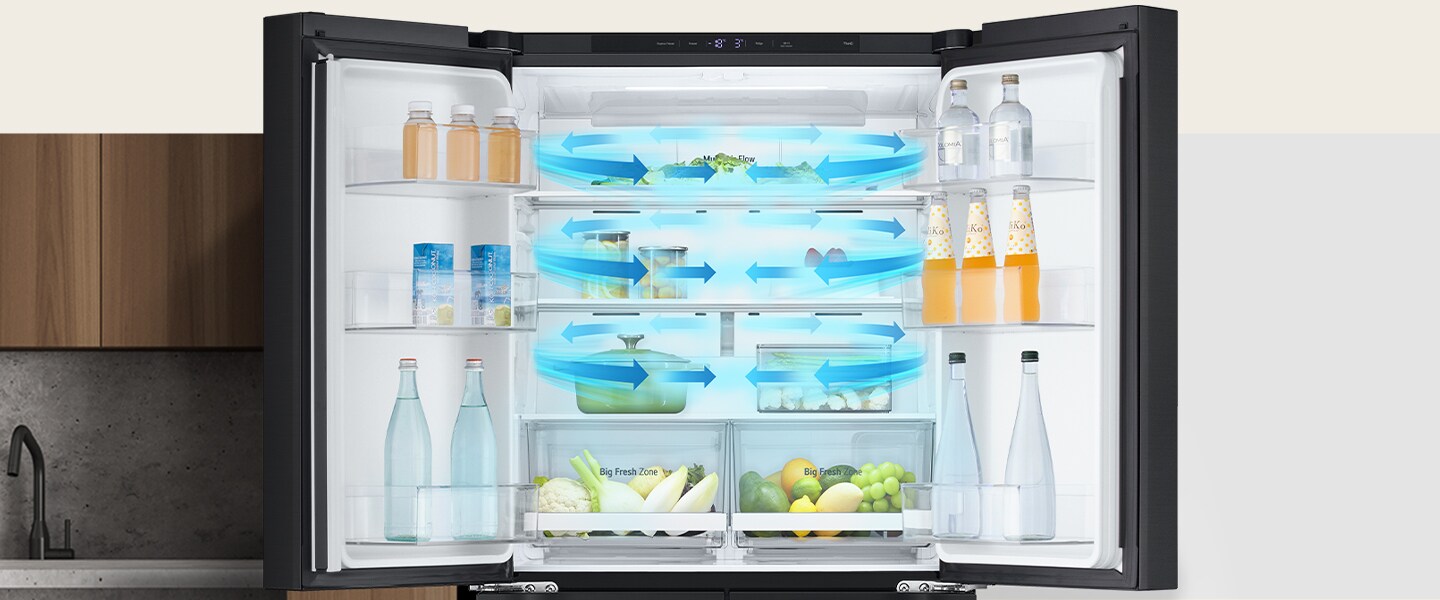 Dentro del refrigerador lleno de ingredientes, flechas azules indican frío en todos los lados y el interior.