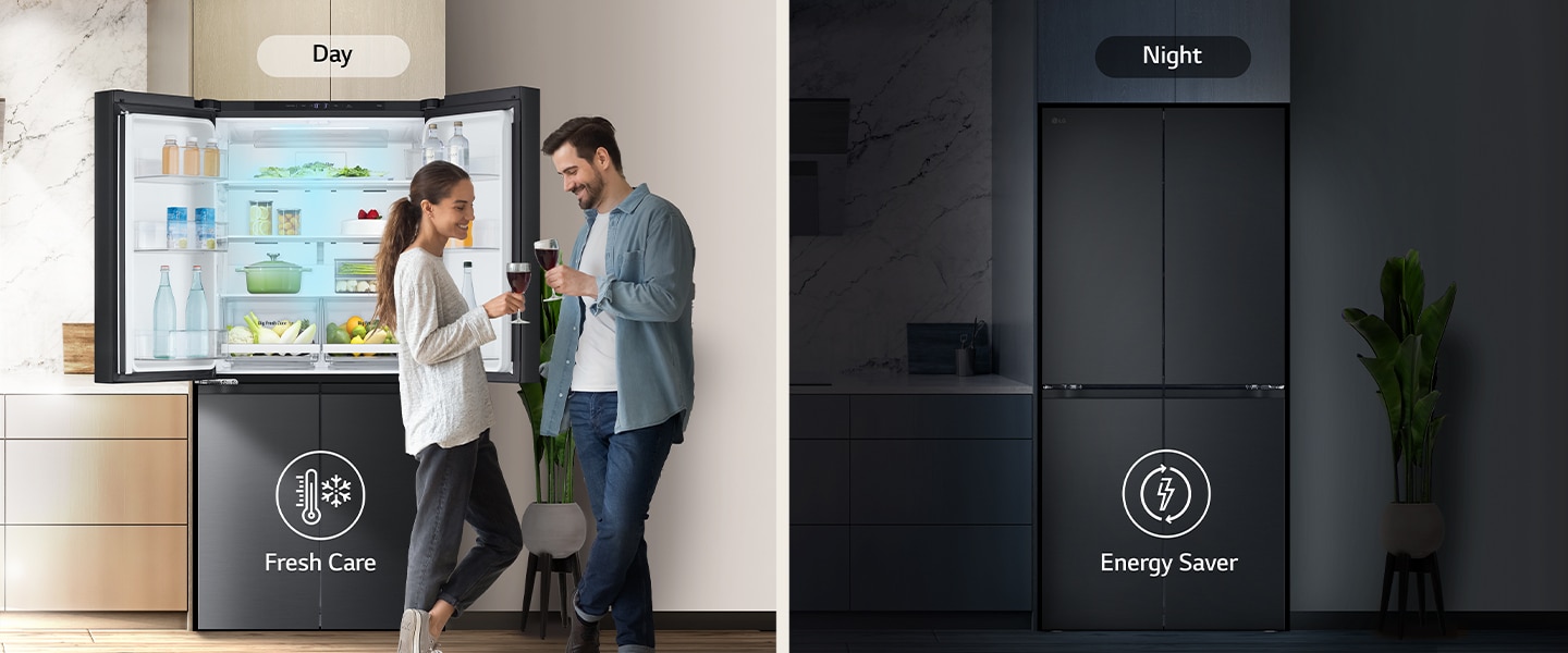 Pareja frente a un refrigerador abierto con aire frío. A la derecha, refrigerador de noche con ícono de ahorro energético.