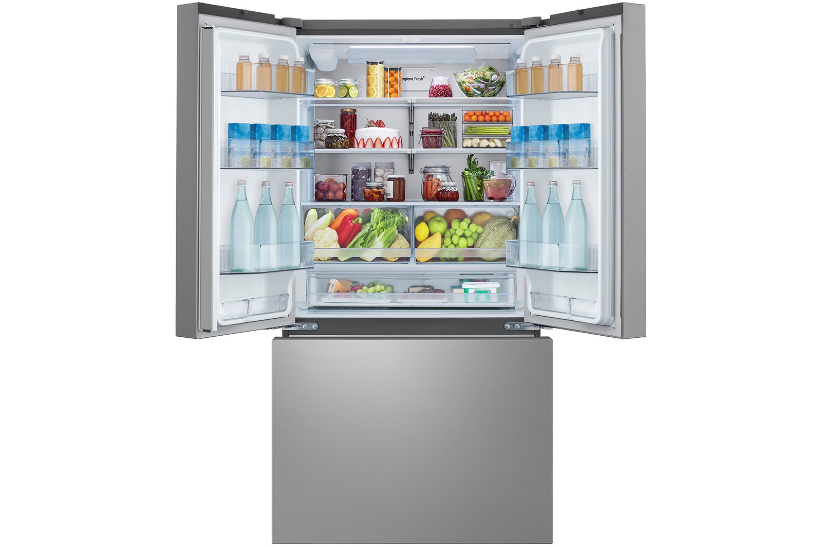 Front open view of multi-door refrigerator foods.
