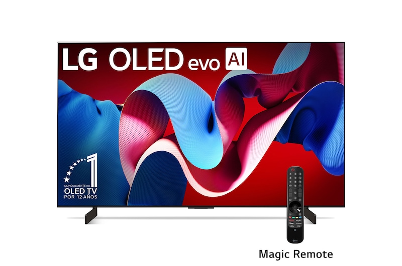 Vista frontal con LG OLED evo y el emblema OLED número 1 del mundo de 11 años en la pantalla, así como la barra de sonido debajo
