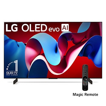 Vista frontal con LG OLED evo y el emblema OLED número 1 del mundo de 11 años en la pantalla, así como la barra de sonido debajo