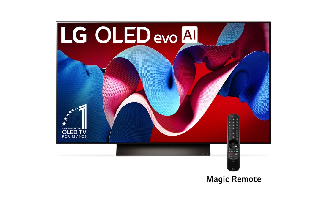 Vista frontal con LG OLED evo y el emblema OLED número 1 del mundo de 11 años en la pantalla, así como la barra de sonido debajo