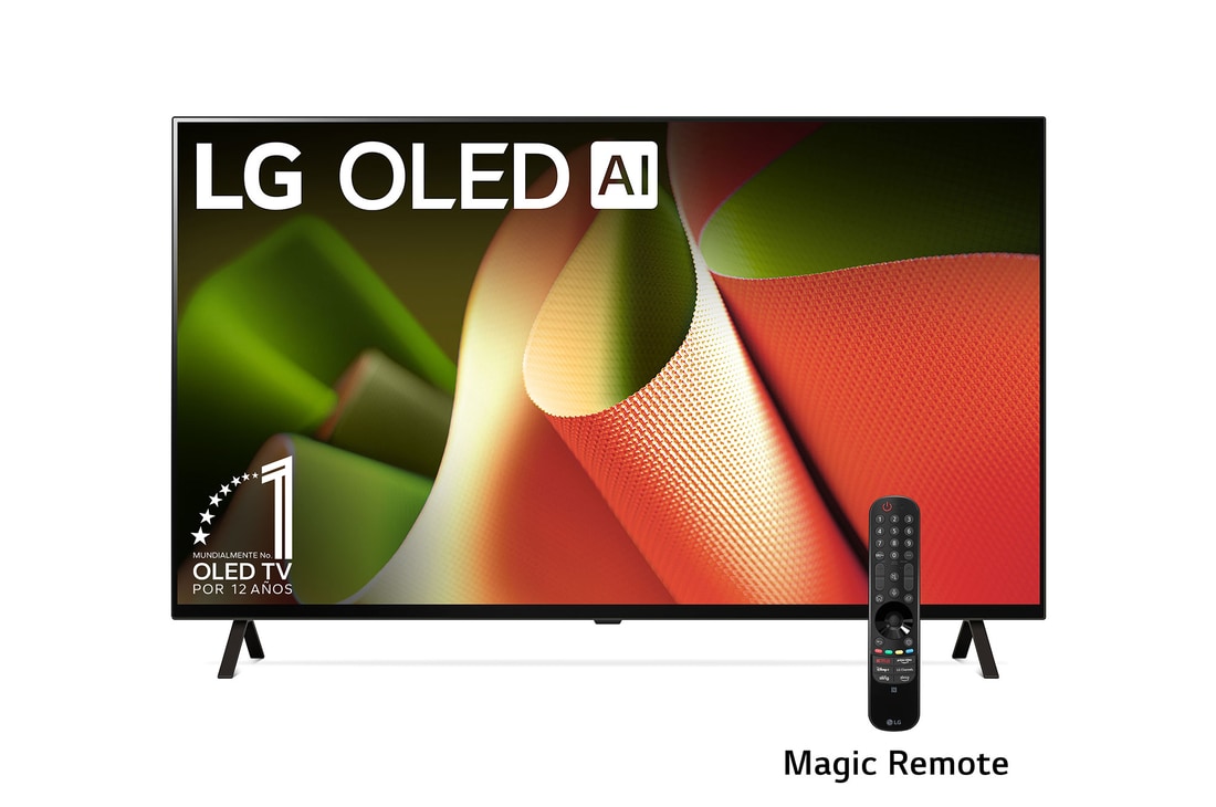 Front view with LG OLED TV, OLED B4, 11 Years of world number 1 OLED Emblem and webOS Re:New Program logo on screen with 2-pole stand