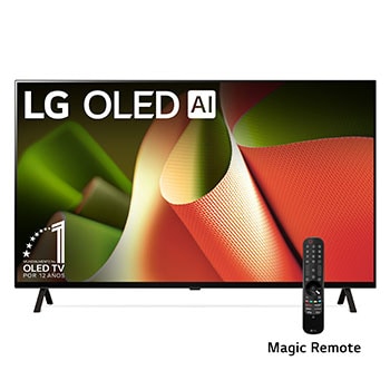 Front view with LG OLED TV, OLED B4, 11 Years of world number 1 OLED Emblem and webOS Re:New Program logo on screen with 2-pole stand