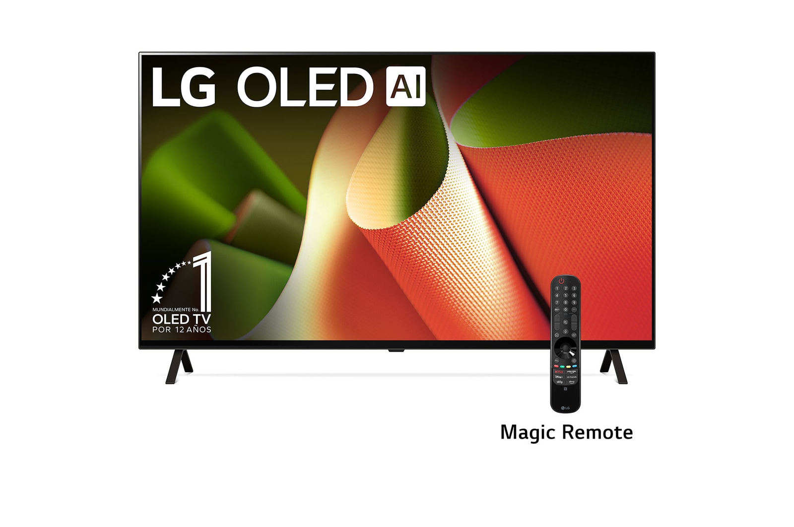 Front view with LG OLED TV, OLED B4, 12 Years of world number 1 OLED Emblem and webOS Re:New Program logo on screen with 2-pole stand