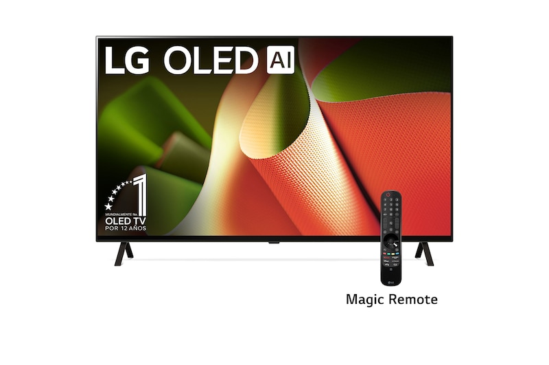 Front view with LG OLED TV, OLED B4, 12 Years of world number 1 OLED Emblem and webOS Re:New Program logo on screen with 2-pole stand