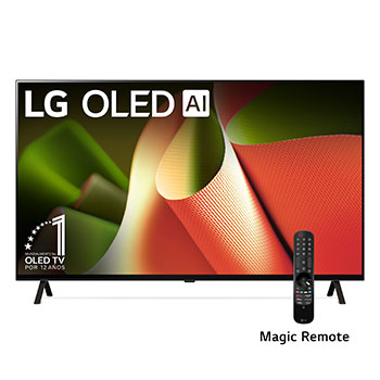 Front view with LG OLED TV, OLED B4, 12 Years of world number 1 OLED Emblem and webOS Re:New Program logo on screen with 2-pole stand