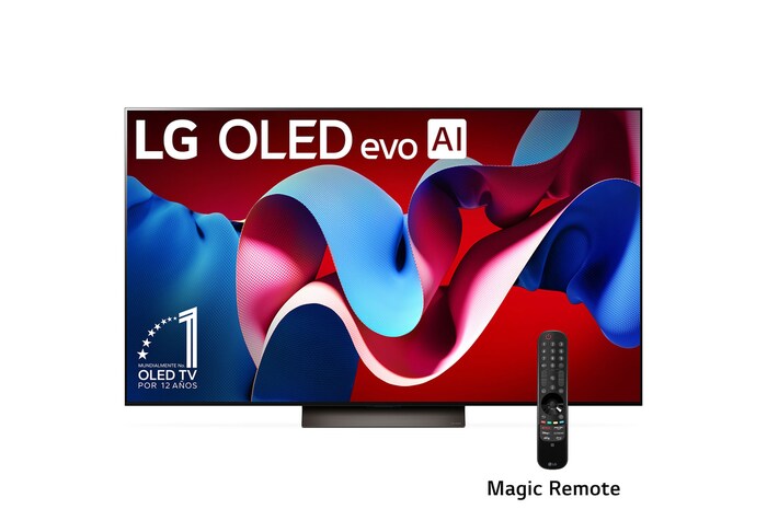 Vista frontal con LG OLED evo y el emblema OLED número 1 del mundo de 11 años en la pantalla, así como la barra de sonido debajo