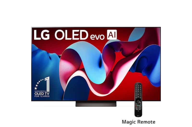 Vista frontal con LG OLED evo y el emblema OLED número 1 del mundo de 11 años en la pantalla, así como la barra de sonido debajo