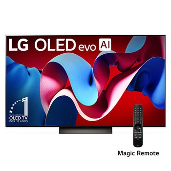 Vista frontal con LG OLED evo y el emblema OLED número 1 del mundo de 12 años en la pantalla, así como la barra de sonido debajo