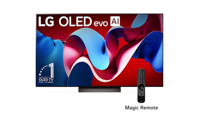 Vista frontal con LG OLED evo TV, OLED C4, 12 años del logo del emblema OLED número 1 del mundo y el logo de webOS Re:New Program en pantalla