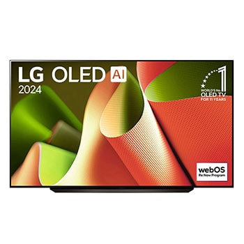 Front view with LG OLED TV, OLED B4, 12 Years of world number 1 OLED Emblem and webOS Re:New Program logo on screen with 2-pole stand