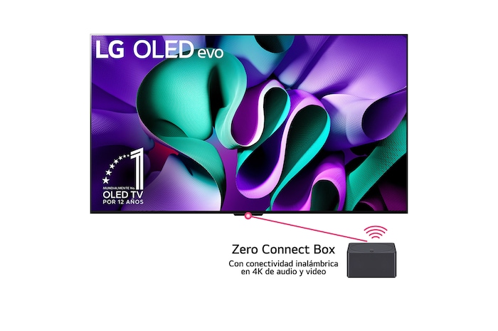 Vista frontal de un televisor LG OLED evo, OLED M4, el emblema de OLED de 11 año de número 1 del mundo, el logotipo de webOS Re:New Program, el logotipo de la garantía de 5 años del panel en la pantalla, una Zero Connect Box con transferencia inalámbrica de video y audio de 4K 144Hz conectada a un televisor, y una señal de Wi-Fi que sale de la caja