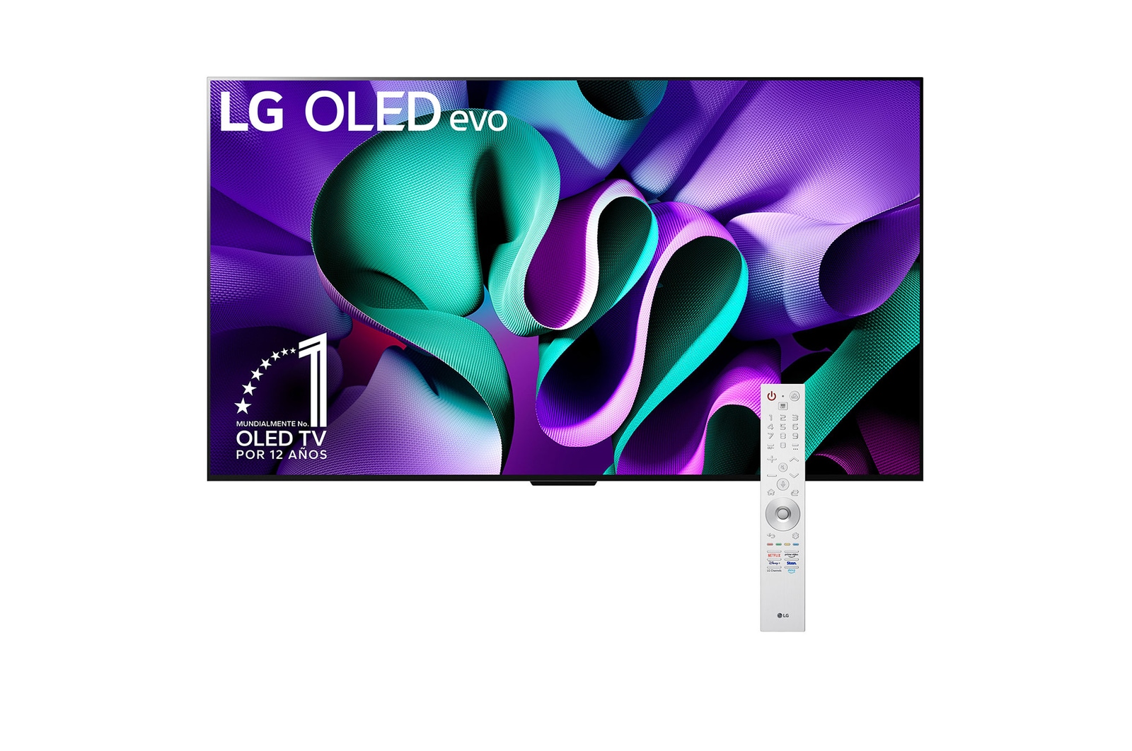 Vista frontal de un televisor LG OLED evo, OLED M4, el emblema de OLED de 11 año de número 1 del mundo, el logotipo de webOS Re:New Program, el logotipo de la garantía de 5 años del panel en la pantalla, una Zero Connect Box con transferencia inalámbrica de video y audio de 4K 144Hz conectada a un televisor, y una señal de Wi-Fi que sale de la caja