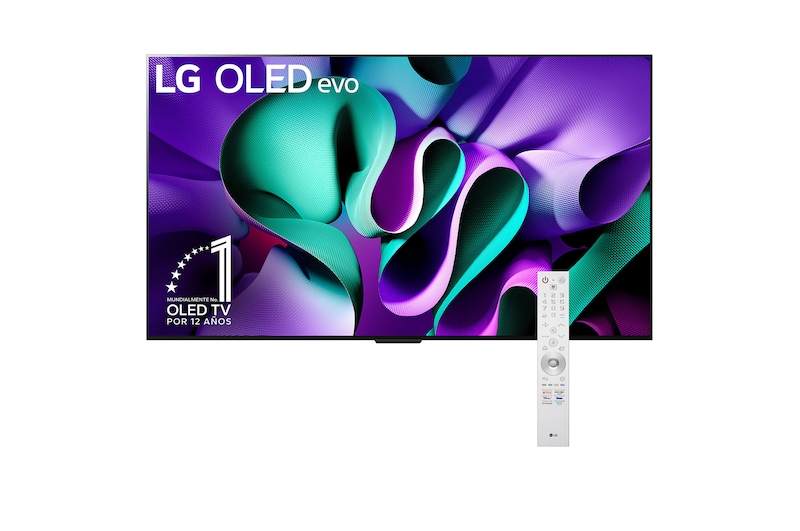 Vista frontal de un televisor LG OLED evo, OLED M4, el emblema de OLED de 11 año de número 1 del mundo, el logotipo de webOS Re:New Program, el logotipo de la garantía de 5 años del panel en la pantalla, una Zero Connect Box con transferencia inalámbrica de video y audio de 4K 144Hz conectada a un televisor, y una señal de Wi-Fi que sale de la caja