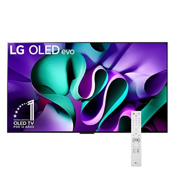 Vista frontal de un televisor LG OLED evo, OLED M4, el emblema de OLED de 11 año de número 1 del mundo, el logotipo de webOS Re:New Program, el logotipo de la garantía de 5 años del panel en la pantalla, una Zero Connect Box con transferencia inalámbrica de video y audio de 4K 144Hz conectada a un televisor, y una señal de Wi-Fi que sale de la caja