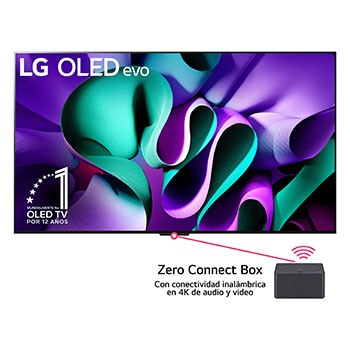 Vista frontal de un televisor LG OLED evo, OLED M4, el emblema de OLED de 11 año de número 1 del mundo, el logotipo de webOS Re:New Program, el logotipo de la garantía de 5 años del panel en la pantalla, una Zero Connect Box con transferencia inalámbrica de video y audio de 4K 144Hz conectada a un televisor, y una señal de Wi-Fi que sale de la caja