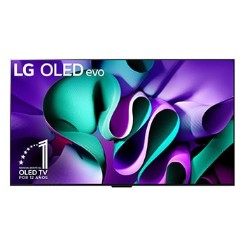 Vista frontal de un televisor LG OLED evo, OLED M4, el emblema de OLED de 11 año de número 1 del mundo, el logotipo de webOS Re:New Program, el logotipo de la garantía de 5 años del panel en la pantalla, una Zero Connect Box con transferencia inalámbrica de video y audio de 4K 144Hz conectada a un televisor, y una señal de Wi-Fi que sale de la caja