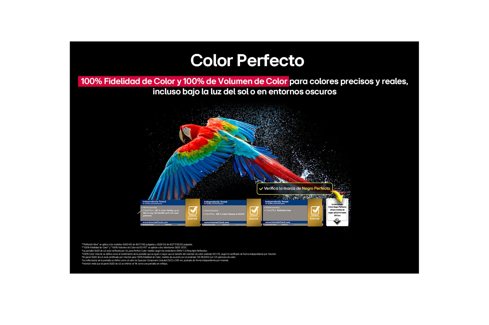 Colorful parrot in ultra-high definition against a black background. Water drops are suspended in the air all around it. The image showcases Perfect Color as each different hue on the parrot's body is vibrant and vivid. The dark background with the detailed water splashes also highlights how the screen is reflection-free. Different logo certifications from UL and Intertek are visible. These refer to its 100% Color Fidelity, 100% Color Volume, and reflection-free claim. Text is also visible, check the Perfect Color certification mark.