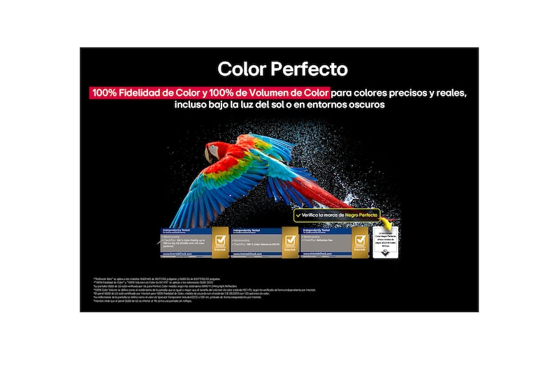 Colorful parrot in ultra-high definition against a black background. Water drops are suspended in the air all around it. The image showcases Perfect Color as each different hue on the parrot's body is vibrant and vivid. The dark background with the detailed water splashes also highlights how the screen is reflection-free. Different logo certifications from UL and Intertek are visible. These refer to its 100% Color Fidelity, 100% Color Volume, and reflection-free claim. Text is also visible, check the Perfect Color certification mark.